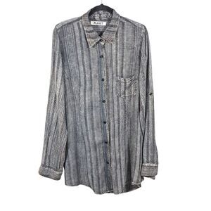Planet Mens Button Down‎ Shirt Size Medium Gray Striped Roll Tab Sleeve USA Made
